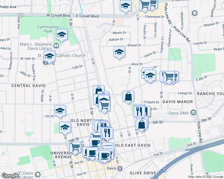 map of restaurants, bars, coffee shops, grocery stores, and more near J Street in Davis