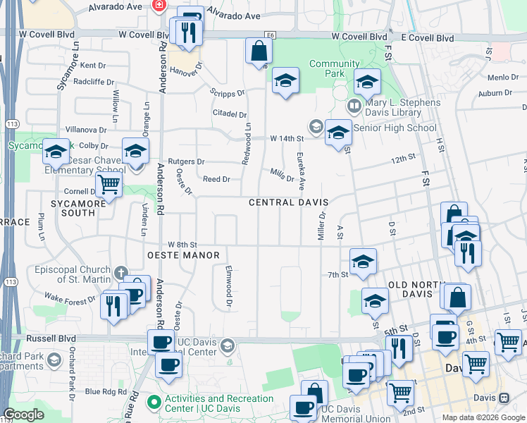 map of restaurants, bars, coffee shops, grocery stores, and more near 328 Antioch Drive in Davis