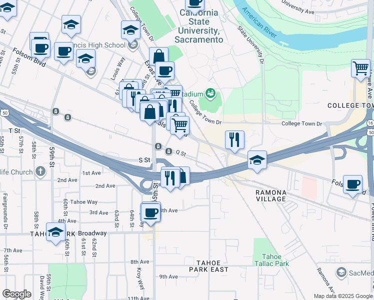 map of restaurants, bars, coffee shops, grocery stores, and more near 6758 Folsom Boulevard in Sacramento