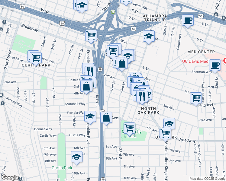 map of restaurants, bars, coffee shops, grocery stores, and more near 3139 3rd Avenue in Sacramento