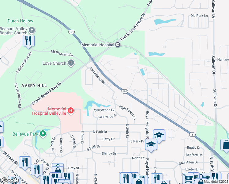 map of restaurants, bars, coffee shops, grocery stores, and more near 100 Gettysburg Road in Belleville