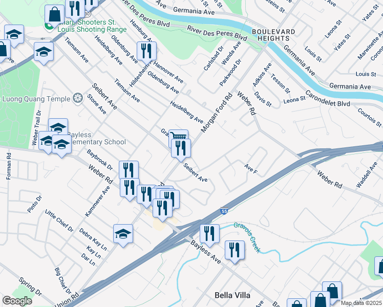 map of restaurants, bars, coffee shops, grocery stores, and more near 8409 Morgan Ford Road in St. Louis