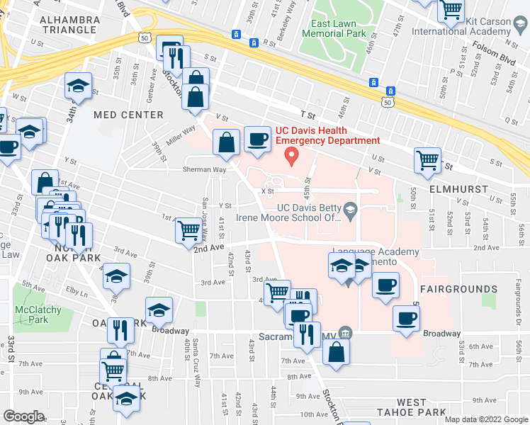 map of restaurants, bars, coffee shops, grocery stores, and more near 2515 Stockton Blvd in Sacramento