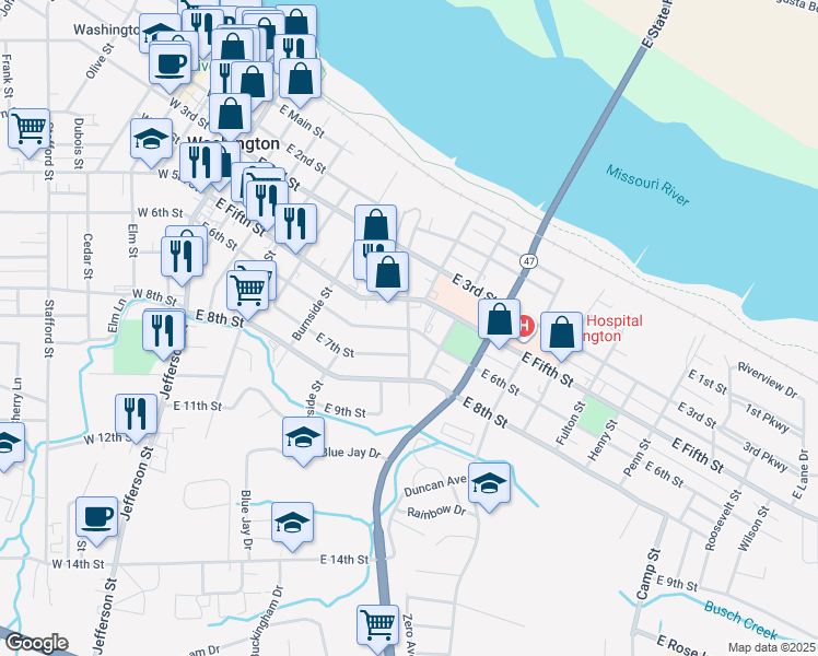 map of restaurants, bars, coffee shops, grocery stores, and more near 601 East 6th Street in Washington