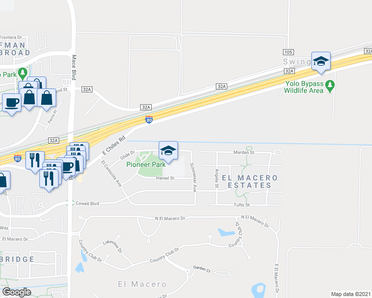 map of restaurants, bars, coffee shops, grocery stores, and more near Glide Drive in Davis