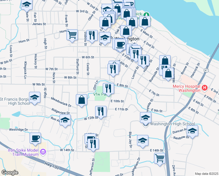 map of restaurants, bars, coffee shops, grocery stores, and more near 813 Jefferson Street in Washington