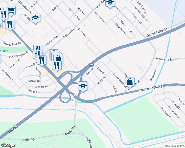 map of restaurants, bars, coffee shops, grocery stores, and more near 2004 Louise Avenue in Cahokia