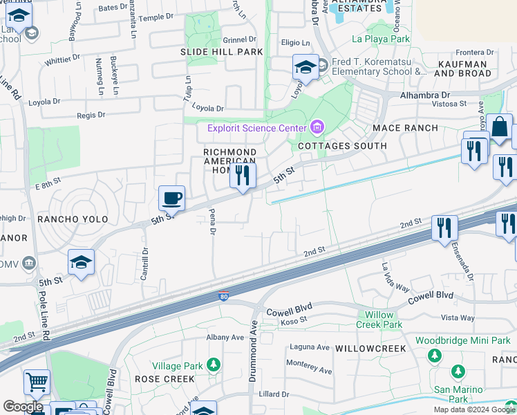 map of restaurants, bars, coffee shops, grocery stores, and more near 2932 Spafford Street in Davis