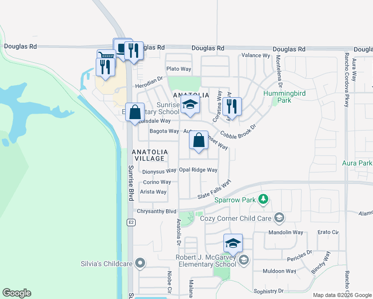 map of restaurants, bars, coffee shops, grocery stores, and more near 11821 Stone Hollow Way in Rancho Cordova