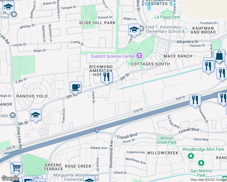 map of restaurants, bars, coffee shops, grocery stores, and more near 2932 Spafford Street in Davis