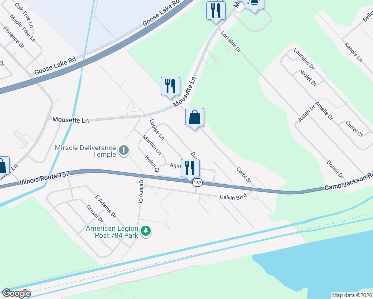 map of restaurants, bars, coffee shops, grocery stores, and more near 36 Delores Drive in Cahokia