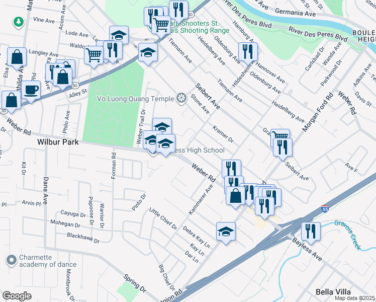 map of restaurants, bars, coffee shops, grocery stores, and more near 4689 Baybrook Drive in St. Louis