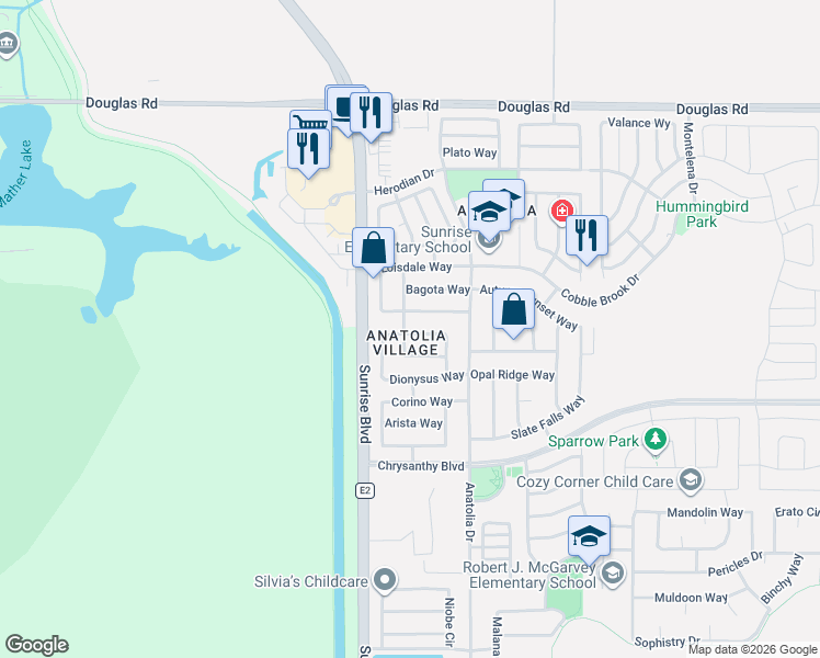map of restaurants, bars, coffee shops, grocery stores, and more near 11758 Battenburg Way in Rancho Cordova