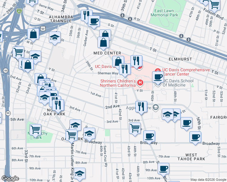 map of restaurants, bars, coffee shops, grocery stores, and more near 2483 San Jose Way in Sacramento