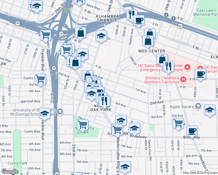 map of restaurants, bars, coffee shops, grocery stores, and more near 3632 1st Avenue in Sacramento