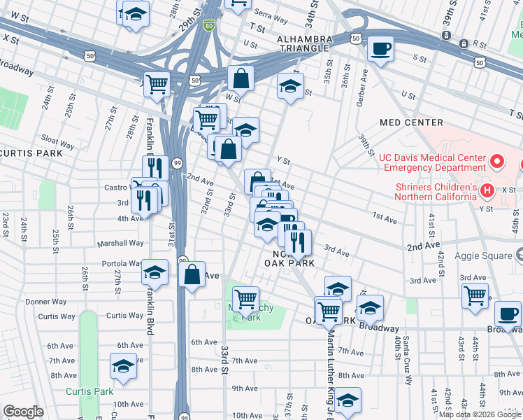 map of restaurants, bars, coffee shops, grocery stores, and more near 3433 2nd Avenue in Sacramento