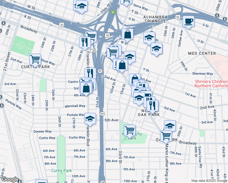 map of restaurants, bars, coffee shops, grocery stores, and more near 3222 2nd Avenue in Sacramento