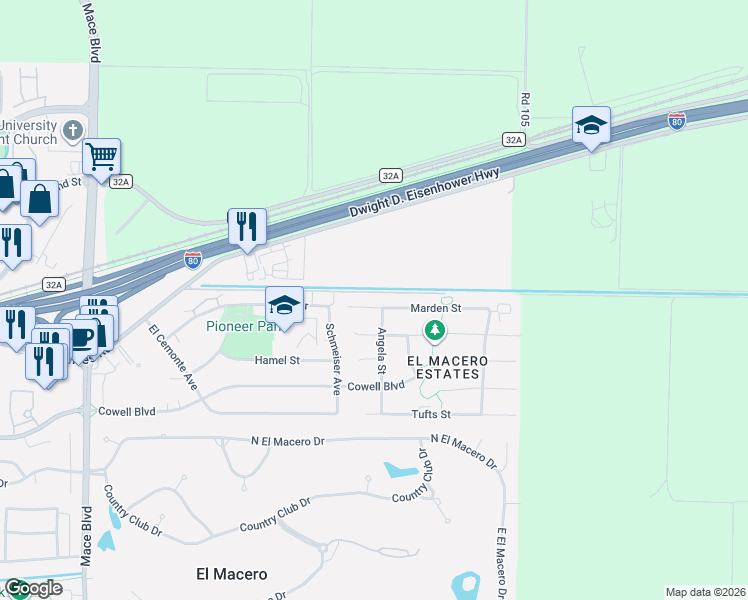 map of restaurants, bars, coffee shops, grocery stores, and more near 5409 Marden Street in Davis