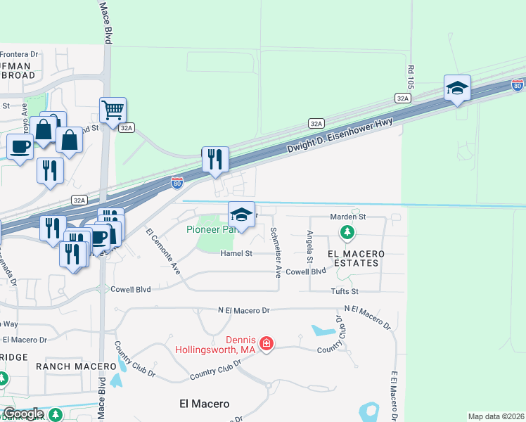 map of restaurants, bars, coffee shops, grocery stores, and more near A Glide Drive in Davis