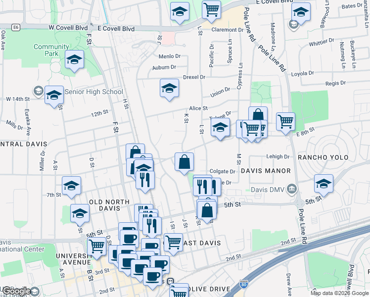 map of restaurants, bars, coffee shops, grocery stores, and more near 817 K Street in Davis