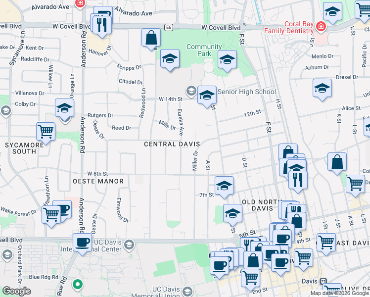 map of restaurants, bars, coffee shops, grocery stores, and more near 1011 Ovejas Avenue in Davis