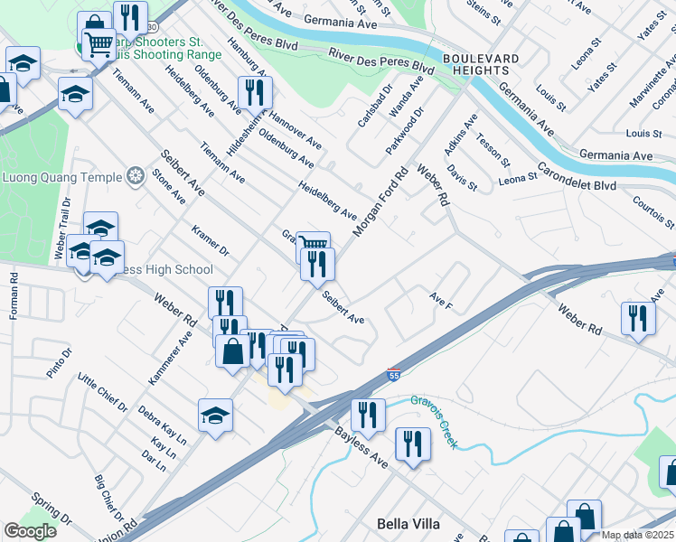 map of restaurants, bars, coffee shops, grocery stores, and more near 8409 Morgan Ford Road in St. Louis