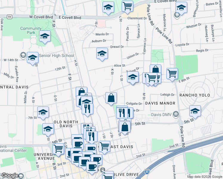 map of restaurants, bars, coffee shops, grocery stores, and more near 817 K Street in Davis