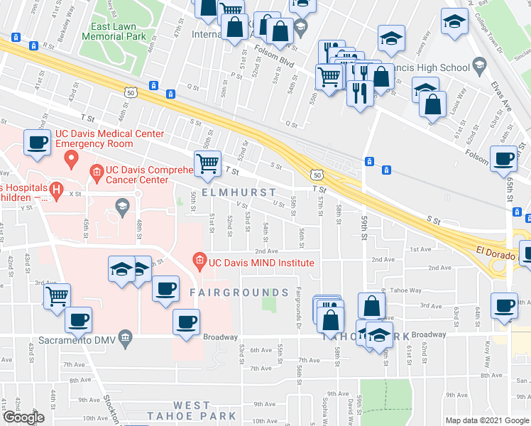 map of restaurants, bars, coffee shops, grocery stores, and more near V Street & 54th Street in Sacramento