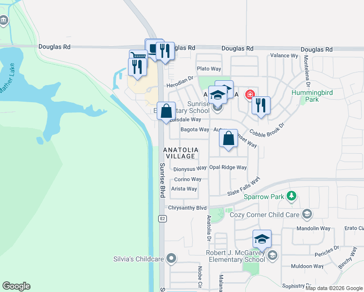map of restaurants, bars, coffee shops, grocery stores, and more near 11758 Battenburg Way in Rancho Cordova