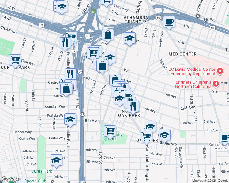 map of restaurants, bars, coffee shops, grocery stores, and more near 3318 Broadway in Sacramento
