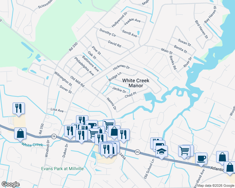 map of restaurants, bars, coffee shops, grocery stores, and more near 209 Chad Place in Millville