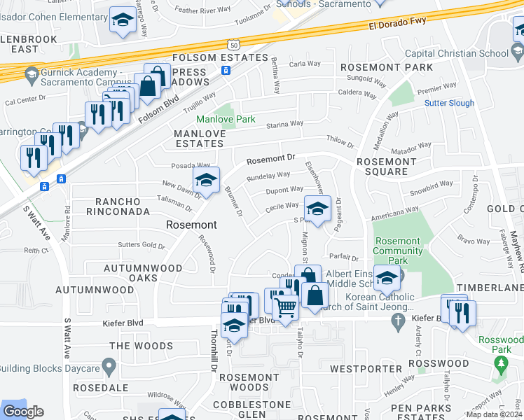 map of restaurants, bars, coffee shops, grocery stores, and more near 9117 Cecile Way in Sacramento
