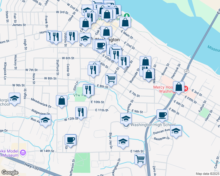 map of restaurants, bars, coffee shops, grocery stores, and more near 800 Locust Street in Washington