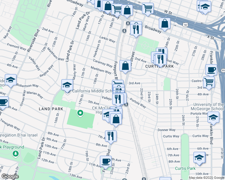 map of restaurants, bars, coffee shops, grocery stores, and more near 1973 4th Avenue in Sacramento
