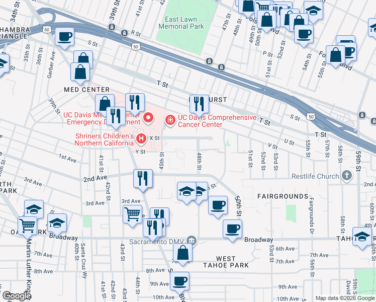 map of restaurants, bars, coffee shops, grocery stores, and more near 2470 48th Street in Sacramento