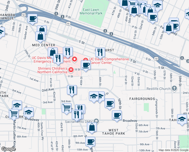 map of restaurants, bars, coffee shops, grocery stores, and more near 2470 48th Street in Sacramento
