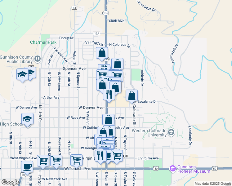 map of restaurants, bars, coffee shops, grocery stores, and more near 880 N Main St in Gunnison