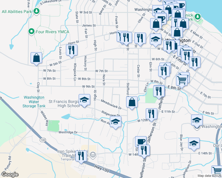 map of restaurants, bars, coffee shops, grocery stores, and more near 711 West 9th Street in Washington