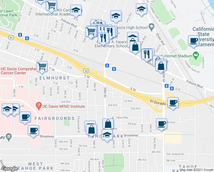 map of restaurants, bars, coffee shops, grocery stores, and more near 5831 U Street in Sacramento
