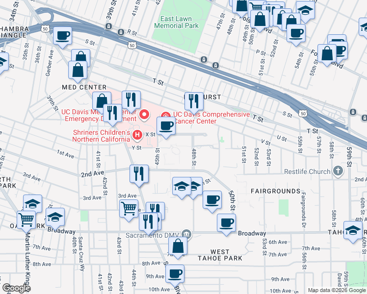 map of restaurants, bars, coffee shops, grocery stores, and more near 2450 48th Street in Sacramento