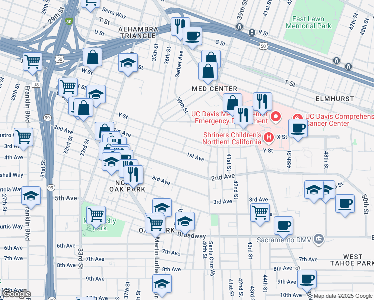 map of restaurants, bars, coffee shops, grocery stores, and more near 2520 39th Street in Sacramento