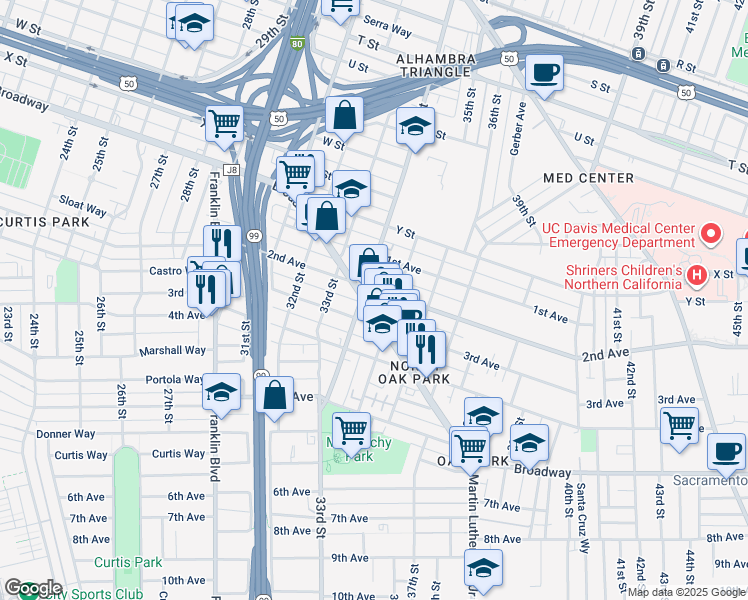 map of restaurants, bars, coffee shops, grocery stores, and more near 3433 2nd Avenue in Sacramento