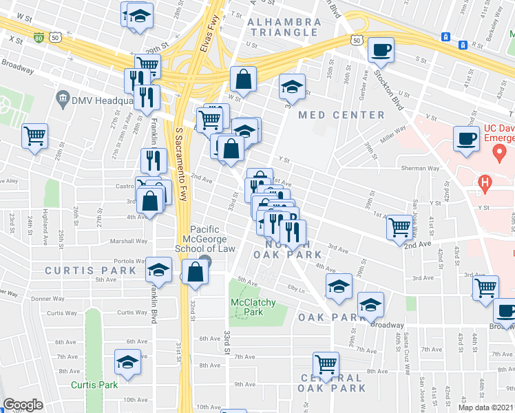 map of restaurants, bars, coffee shops, grocery stores, and more near 3318 Broadway in Sacramento