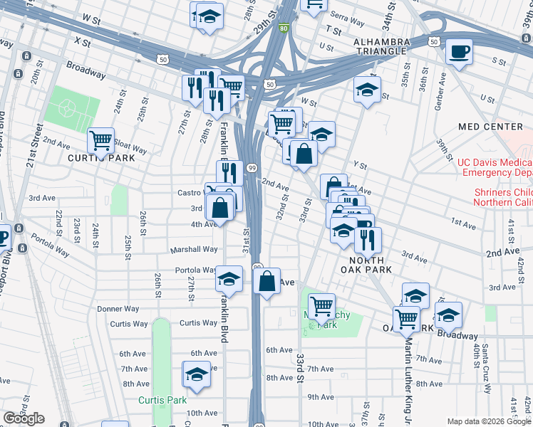 map of restaurants, bars, coffee shops, grocery stores, and more near 3139 3rd Avenue in Sacramento