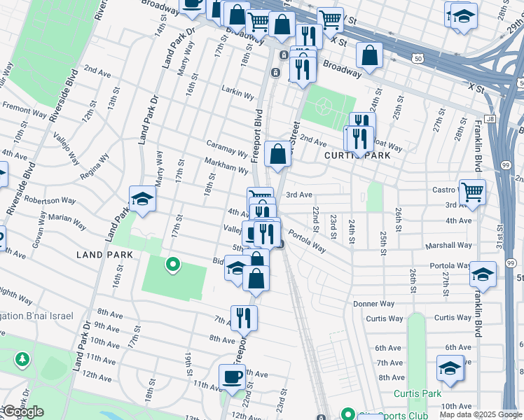 map of restaurants, bars, coffee shops, grocery stores, and more near 1980 3rd Avenue in Sacramento