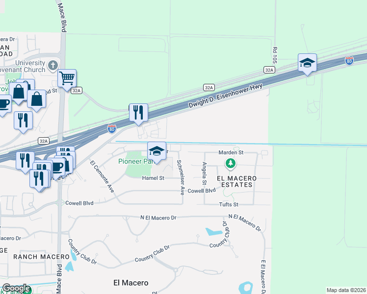 map of restaurants, bars, coffee shops, grocery stores, and more near 5301 Marden Street in Davis