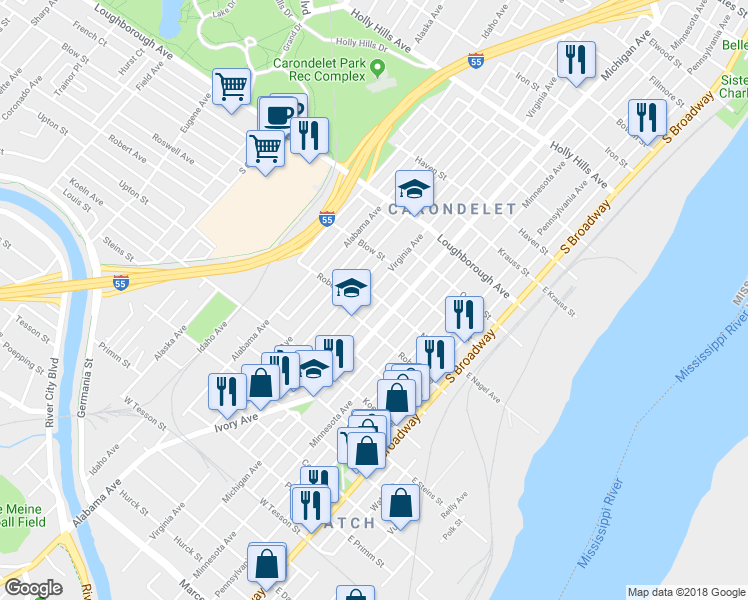 map of restaurants, bars, coffee shops, grocery stores, and more near 7120 Virginia Avenue in St. Louis