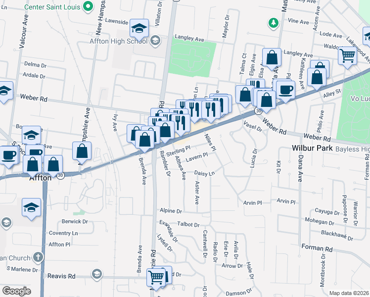 map of restaurants, bars, coffee shops, grocery stores, and more near 9422 Gravois Road in Affton