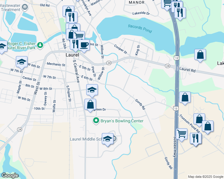 map of restaurants, bars, coffee shops, grocery stores, and more near 310 East 6th Street in Laurel