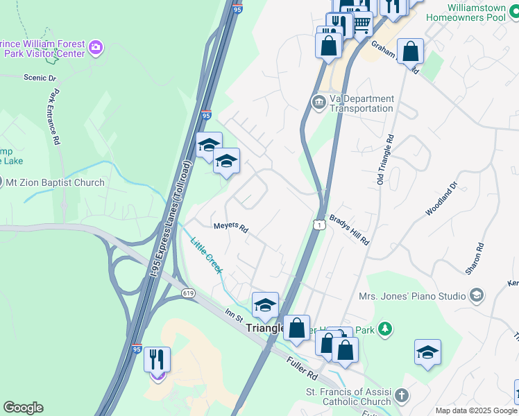 map of restaurants, bars, coffee shops, grocery stores, and more near 4165 Agency Loop in Triangle